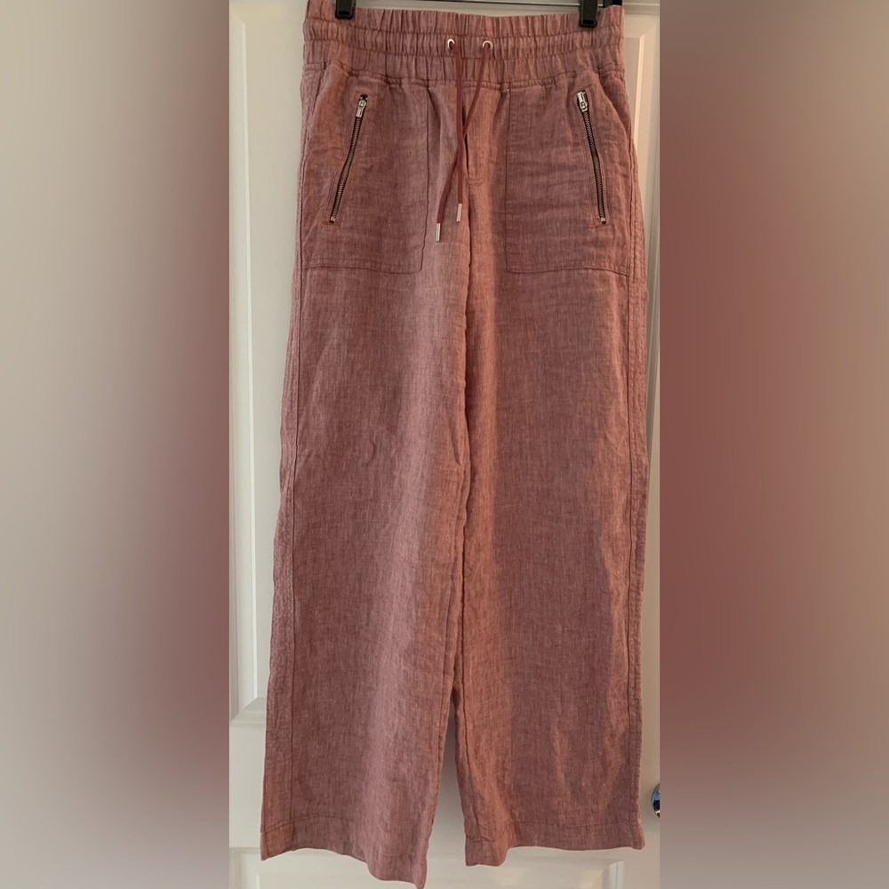 Athleta red/pink Cabo linen wide leg pant with elastic waist, zippered. Size 6